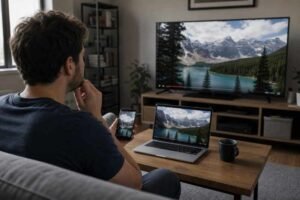Person comparing video resolution options on a laptop and a TV