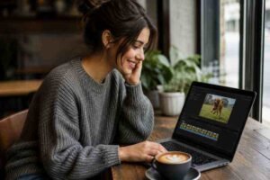 Person converting a short video clip into a GIF on a laptop