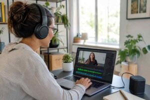 Person extracting audio from a video file on a laptop with headphones
