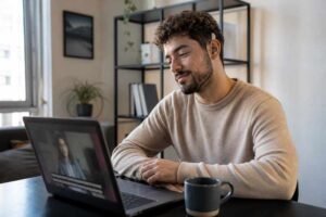 Person checking that subtitles stay with a saved video on a laptop