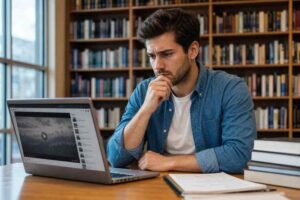 Person reading about legal video downloads at a desk with a laptop