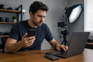 Person saving their own videos offline on a laptop without losing quality