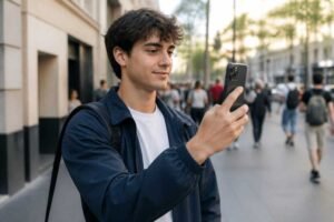 Person holding a phone showing a vertical video while comparing specs
