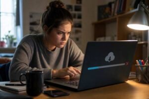 Person troubleshooting a failed video download on a laptop