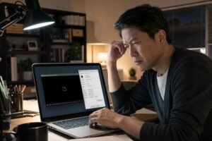 Person inspecting a video file that will not play on a laptop