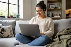 Person bookmarking useful video tools on a laptop at a home desk