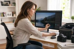 Creator adding a name watermark to a video clip on a computer