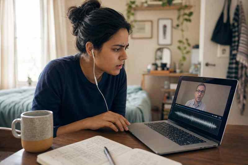 A woman checking a laptop video player where the speaker mouth does not match the soundtrack