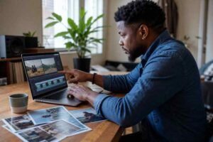Two people at a desk joining several video clips into one file on a laptop