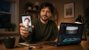 Person at a desk holding a phone that shows a clear talking-head clip, with a laptop open beside them