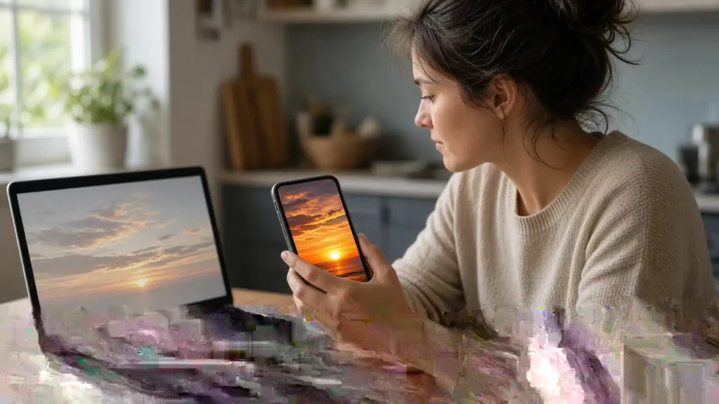 Person comparing a vivid sunset on a phone with the same sunset looking pale on a laptop
